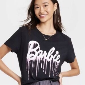 BARBIE drip logo tee S Hybrid black+pink Spell Out Graphic T-shirt DIY crop top
